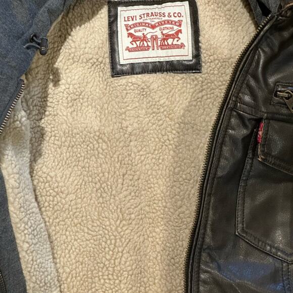 Levi’s Dark Brown Faux Leather and Shearling Mens XL Heavy Coat Sweatshirt Trim - Picture 9 of 9